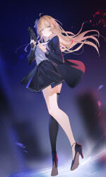 1girl absurdres ahoge black_jacket black_necktie black_shoes black_skirt black_thighhighs blonde_hair breasts closed_mouth collar collared_shirt commentary flantia flower from_behind full_body gun hair_flower hair_ornament high_heels highres holding holding_gun holding_weapon jacket large_breasts long_hair long_sleeves looking_at_viewer miniskirt necktie open_clothes open_jacket original shirt shoes sidelocks single_thighhigh skirt standing thighhighs thighs weapon white_collar white_flower white_shirt yellow_eyes