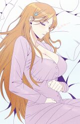 Rule 34 | 1girl, bleach, breasts, cleavage, closed eyes, female focus, hair ornament, hairclip, highres, inoue orihime, large breasts, long hair, n (nauki 11), nightgown, orange hair, pillow, pink nightgown, sleeping, zzz
