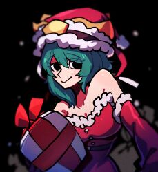 Rule 34 | 1girl, bare shoulders, black background, box, breasts, cleavage, closed mouth, elbow gloves, fur trim, gift, gift box, gloves, hat, highres, iganashi1, looking at viewer, red gloves, red hat, santa costume, santa hat, shiki eiki, simple background, smile, solo, touhou
