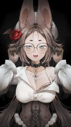 1girl :3 absurdres animal_ear_piercing animal_ears bat_ears black_background black_collar black_nails blue_eyes breasts brown_corset brown_hair brown_hands cleavage collar corset fingernails flower forehead hair_flower hair_ornament hairclip hat highres jewelry large_ears littlemisstina_(artist) long_fingernails long_hair medium_breasts mole mole_under_eye off-shoulder_shirt off_shoulder open_mouth original parted_bangs puffy_sleeves red_flower red_rose rose round_eyewear shirt short_eyebrows sidelocks slit_pupils solo straight-on thick_eyebrows upper_body very_long_hair white_hat white_shirt