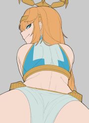 1boy androgynous aqua_eyes ass bare_shoulders blush bunybunyboi halo highres long_hair looking_at_viewer looking_back male_focus mechanical_halo orange_hair original pelvic_curtain sera_(lero_ray) smile trap
