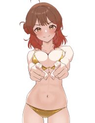 &gt;:) 1girl abs absurdres ahoge bare_shoulders bikini breasts breasts_squeezed_together brown_eyes brown_hair cleavage closed_mouth collarbone commentary_request cowboy_shot gakuen_idolmaster gold_bikini golden_week gradient_hair hair_bun hanami_ume highres idolmaster large_breasts looking_at_viewer medium_hair multicolored_hair nanami_haru navel o-ring o-ring_bikini pointing pointing_at_viewer simple_background single_side_bun smile solo split_mouth standing string_bikini swimsuit textless_version v-shaped_eyebrows white_background