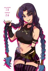 absurdres alternate_costume arcane:_league_of_legends arcane_jinx bare_shoulders belt black_choker black_gloves blackfire braid breasts choker crop_top dc_comics detached_sleeves gloves grin highres jinx_(league_of_legends) league_of_legends lipstick long_hair looking_at_viewer makeup miniskirt nail_polish navel purple_eyes redpostit simple_background skirt smile tattoo teen_titans thighhighs thighs twin_braids white_background zettai_ryouiki