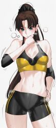 1girl absurdres aqua_eyes bike_shorts black_bra black_shorts black_sleeves blush bra breasts brown_hair cleavage commentary_request contrapposto cowboy_shot elbow_sleeve fate_(series) hair_ornament hair_scrunchie hand_on_own_hip high_ponytail highres kamisato_sora medium_breasts navel parted_bangs parted_lips ponytail scrunchie shorts simple_background solo sports_bra standing steaming_body stomach sweat tohsaka_rin toned toned_female two-tone_bra underwear white_background