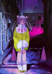 1girl building bun_cover closed_mouth double_bun full_body hair_bun hands_in_pockets high_collar highres industrial_pipe jacket long_sleeves looking_at_viewer night original outdoors purple_hair red_eyes road shoes short_hair signature smile solo standing street traffic_cone white_shoes yellow_jacket yu_(stdio_nameraka)