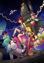 1girl alternate_costume artist_name bare_shoulders black_shorts cloud commentary destiny&#039;s_embrace_(kingdom_hearts) dream_eater_(kingdom_hearts) english_commentary highres holding holding_weapon hollypolllyy hood hood_down kairi_(kingdom_hearts) keyblade kingdom_hearts kingdom_hearts_3d:_dream_drop_distance lips looking_at_another night night_sky pink_lips purple_eyes purple_skirt shorts sitting skirt sky smile weapon