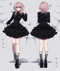 Rule 34 | 1girl, absurdres, black bow, black bowtie, black dress, black footwear, bow, bowtie, bright pupils, closed mouth, commentary request, danjou sora, dress, eyes visible through hair, frilled dress, frilled sleeves, frills, full body, grey background, grey socks, hand in own hair, hand up, highres, kneehighs, layered dress, light smile, long sleeves, looking at viewer, medium hair, mole, mole under eye, multiple views, original, pink eyes, pink hair, platform footwear, shoes, socks, sparkle, standing, white pupils