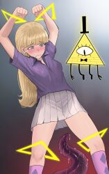 1girl absurdres arms_up bill_cipher blonde_hair blue_eyes blunt_bangs blush breasts clenched_teeth collared_shirt earrings feet_out_of_frame gradient_background gravity_falls highres imminent_penetration jewelry jourd4n long_hair looking_down medium_breasts pacifica_northwest pleated_skirt purple_shirt purple_socks restrained shirt skirt socks teeth tennis_skirt tentacles white_skirt worried