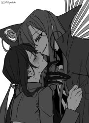 1boy 1girl black_gloves black_hair blush brother_and_sister cape_hold closed_eyes closed_mouth collared_cape commentary_request ear_blush fate/grand_order fate_(series) gloves hair_between_eyes half-closed_eyes hand_in_another&#039;s_clothes hand_on_another&#039;s_chin height_difference hetero imminent_kiss incest jacket long_hair long_sleeves looking_at_another looking_down low_ponytail military_jacket military_uniform monochrome motoyui nervous_sweating nose_blush oda_nobukatsu_(fate) oda_nobunaga_(fate) oda_nobunaga_(maou_avenger)_(fate) parted_lips ponytail popped_collar raised_eyebrows sempon_(doppio_note) siblings sidelocks simple_background sweat twitter_username upper_body white_background