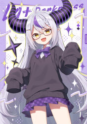 1girl :d ahoge black-framed_eyewear black_sweater border bow braid braided_bangs brown_eyes character_name collared_shirt commentary demon_horns diagonal-striped_bow dotted_line dress_shirt fangs glasses grey_hair grid_background hair_between_eyes hair_ornament hairclip highres hololive horns la+_darknesss long_hair long_sleeves looking_at_viewer mauve multicolored_hair open_mouth plaid_clothes plaid_skirt pleated_skirt pointy_ears puffy_long_sleeves puffy_sleeves purple_border purple_bow purple_hair purple_skirt semi-rimless_eyewear shirt skirt sleeves_past_fingers sleeves_past_wrists smile solo streaked_hair sweater teeth under-rim_eyewear upper_teeth_only v-shaped_eyebrows very_long_hair virtual_youtuber white_background white_shirt x_hair_ornament