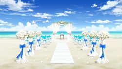 beach blue_sky bouquet bow chair cloud cloudy_sky curtains flower garland_(decoration) highres horizon no_humans non-web_source official_art our_life our_life:_beginnings_and_always outdoors petals poppy_(flower) rug scenery shore sky table variant_set white_flower wooden_table