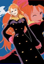 1girl black_coat blue_background blue_eyes body_switch breasts buttons cigarette coat earrings fur-trimmed_coat fur_trim gloves hand_on_own_hip hands_in_own_hair high_ponytail highres holding jewelry large_breasts long_hair multiple_views nami_(one_piece) nami_(one_piece)_(punk_hazard) one_eye_closed one_piece orange_hair personality_switch pink_gloves ponytail sanji_(one_piece) smoking tanaka_(tanakya123) tongue tongue_out wink