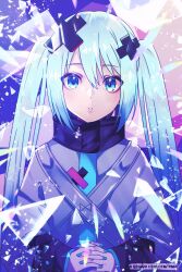 1girl aqua_eyes aqua_hair aqua_nails batsu_miku blush grey_jacket hair_between_eyes hair_ornament hatsune_miku highres holding_hands jacket kowareta_sekai_to_utaenai_miku long_hair long_sleeves looking_at_viewer nurimas parted_lips project_sekai rei_murder_(zeromada) sleeves_past_wrists solo turtleneck turtleneck_jacket twintails very_long_hair vocaloid wide_sleeves x_hair_ornament