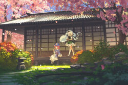 Rule 34 | 2girls, :d, banjie, black bow, black bowtie, black hairband, black shoes, blue hat, blue kimono, blue ribbon, bow, bowtie, bush, cherry blossoms, chinese commentary, closed eyes, closed mouth, collared shirt, commentary request, dango, day, eating, food, frilled skirt, frilled sleeves, frills, grass, green skirt, green vest, hairband, hat, highres, holding, holding food, holding tray, japanese clothes, kimono, konpaku youmu, konpaku youmu (ghost), long sleeves, mary janes, mob cap, multiple girls, neck ribbon, open mouth, outdoors, pink hair, ribbon, rock, saigyouji yuyuko, sanshoku dango, shirt, shoes, short hair, short sleeves, skirt, skirt set, smile, socks, standing, touhou, tray, triangular headpiece, vest, wagashi, white hair, white shirt, white socks