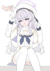 Rule 34 | 1girl, anger vein, beret, blue archive, blush, cosplay, disembodied hand, dress, female focus, garter straps, gloves, halo, hat, highres, long hair, mizusaki (kn27), neckerchief, open mouth, panties, pantyshot, purple eyes, purple hair, purple halo, sailor collar, sitting, sweatdrop, tea party militant (blue archive), tea party militant (blue archive) (cosplay), thighhighs, underwear, white gloves, white thighhighs, wings, yellow panties