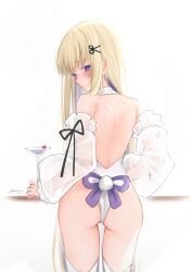 1girl absurdres amanogawa_shiina ass blonde_hair colored_inner_hair detached_sleeves from_behind highres leotard long_hair looking_back martini median_furrow multicolored_hair parkiranhonda phase_connect purple_eyes purple_hair rabbit_tail scissors_hair_ornament see-through_clothes see-through_sleeves shoulder_blades signature solo tail thighhighs very_long_hair virtual_youtuber white_leotard white_thighhighs