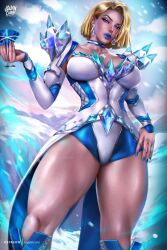 1girl absurdres blonde_hair blue_eyes blue_lips blue_nails breasts choker cleavage corset cup diamond_(gemstone) diamond_earrings earrings emma_frost highres holding holding_cup jewelry large_breasts leotard lipstick logan_cure looking_at_viewer makeup marvel marvel_rivals multicolored_leotard short_hair solo superhero_costume thick_thighs thighs white_corset x-men