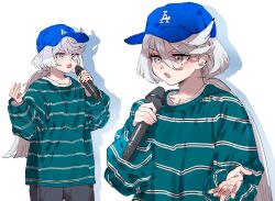1girl alternate_costume baseball_cap belletaku blue_hat cosplay green_shirt grey_eyes grey_hair gundam gundam_suisei_no_majo hair_between_eyes hat highres holding holding_microphone long_hair long_sleeves los_angeles_dodgers microphone min_hee-jin min_hee-jin_(cosplay) miorine_rembran multiple_views open_mouth real_life shadow shirt simple_background standing striped_clothes striped_shirt swept_bangs talking white_background