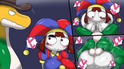 Rule 34 | 1boy, 1girl, absurdres, artist name, ass, enigi09, fellatio, glitch productions, gummigoo, highres, mating press, oral, pomni (the amazing digital circus), sex, the amazing digital circus
