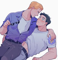 Rule 34 | 2boys, absurdres, adam&#039;s apple, albert wesker, arm around shoulder, arm support, belt, belt buckle, black belt, black hair, blonde hair, blue eyes, blue shirt, blush, breast pocket, buckle, chinese commentary, chris redfield, closed mouth, collared shirt, commentary request, crew neck, dutch angle, eye contact, green eyes, grey pants, hair slicked back, highres, holding, holding removed eyewear, light frown, looking at another, lying, male focus, midriff peek, multiple boys, on back, oooyinghu, open clothes, open shirt, pants, pocket, resident evil, s.t.a.r.s. uniform, shirt, shirt tucked in, short hair, simple background, sleeves rolled up, smile, sunglasses, sweat, sweatdrop, t-shirt, unworn eyewear, white background, white shirt, yaoi