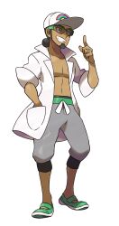 Rule 34 | 1boy, absurdres, baseball cap, dark-skinned male, dark skin, facial hair, goatee, green-framed eyewear, grin, hand in pocket, hat, highres, index finger raised, jewelry, jitome, professor kukui, lab coat, male focus, nintendo, official art, pokemon, pokemon sm, ring, smile, solo, sugimori ken, sunglasses, topless male, transparent background, wedding ring