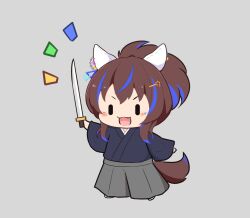 1girl :d animal_ears blue_hair blue_kimono blush_stickers brown_hair chibi daitaku_helios_(umamusume) fang full_body gomashio_(goma_feet) grey_background grey_hakama hair_between_eyes hair_ornament hairclip hakama hakama_pants highres holding holding_sword holding_weapon horse_ears horse_girl horse_tail japanese_clothes katana kimono long_sleeves multicolored_hair notice_lines open_mouth pants ponytail simple_background smile solo standing star_(symbol) star_hair_ornament streaked_hair sword tail umamusume v-shaped_eyebrows weapon wide_sleeves |_|
