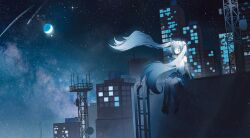 1girl absurdly_long_hair absurdres bare_shoulders blue_eyes blue_hair building constellation crescent_moon crying detached_sleeves floating_hair hair_ornament hatsune_miku highres long_hair moon night night_sky shooting_star sitting skirt sky solo star_(sky) starry_sky starry_sky_print thighhighs twintails very_long_hair vocaloid yurun_(yurun_ume)