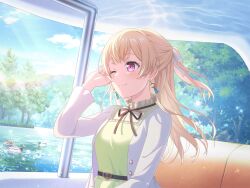 1girl ;) bang_dream! belt bird blonde_hair blush boat day dress duck earrings green_dress hair_ribbon half_updo hand_up jacket jewelry long_hair long_sleeves neck_ribbon official_art one_eye_closed purple_eyes ribbon shirasagi_chisato smile solo sparkle sunlight third-party_source tree upper_body water watercraft white_jacket white_ribbon