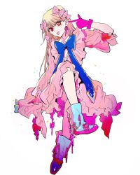 Rule 34 | 1girl, blonde hair, blue bow, blue bowtie, blue footwear, bow, bowtie, commentary, dress, gloves, hair bow, hashtag-only commentary, highres, hoshino ruby, invisible chair, long hair, long sleeves, mismatched pupils, no pupils, one eye closed, one side up, oshi no ko, pink bow, pink dress, pink gloves, red eyes, simple background, sitting, solo, star-shaped pupils, star (symbol), symbol-shaped pupils, tongue, tongue out, white background, yokoyari mengo