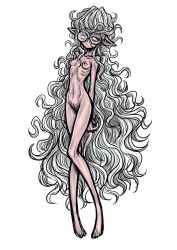 1girl absurdres breasts commentary_request completely_nude elf expressionless female_pubic_hair full_body glasses highres long_hair looking_at_viewer navel nazo_no_diaboro nude original pointy_ears pubic_hair ribs round_eyewear sketch skinny small_breasts solo very_long_hair white_hair