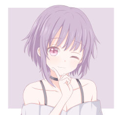 1girl :3 absurdres bang_dream! bang_dream!_it&#039;s_mygo!!!!! black_choker blush border bra_strap choker closed_mouth collarbone commentary highres index_finger_raised liya_(yosoro2016) off-shoulder_shirt off_shoulder one_eye_closed outside_border pink_eyes purple_background purple_hair shirt short_hair simple_background solo upper_body white_border yuutenji_nyamu