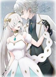 1boy 1girl anastasia_(fate) black_gloves black_shirt blue_eyes breasts cleavage collarbone couple dress fate/grand_order fate_(series) formal_clothes gloves grey_hair hetero highres holding_hands jewelry kadoc_zemlupus large_breasts long_hair necklace shirt signature suit wagu_neru white_dress white_gloves white_hair white_shirt yellow_eyes