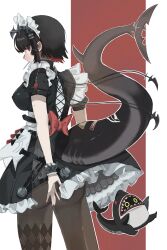 1girl 966_kururu_966 apron black_dress black_hair black_pantyhose blunt_bangs covering_ass covering_privates dress ellen_joe fins fish_tail from_behind hairband highres lollipop_in_mouth looking_at_viewer maid maid_apron maid_headdress pantyhose red_eyes shark shark_girl shark_tail short_hair tail white_apron white_hairband zenless_zone_zero