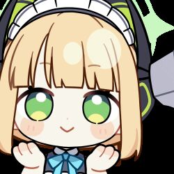 1girl 1other :&gt; animal_ear_headphones animal_ears animated animated_gif apron aqua_bow aqua_bowtie black_dress blonde_hair blue_archive blunt_bangs blunt_ends blush_stickers bow bowtie cat_detector_(meme) cat_ear_headphones cat_ears chibi chunye_haruya closed_mouth collared_dress commission contrast_collar dot_nose dress english_text fake_animal_ears green_eyes green_halo halo hands_on_own_cheeks hands_on_own_face headphones holding holding_thermometer infrared_thermometer looking_at_viewer lowres maid maid_apron maid_headdress meme midori_(blue_archive) midori_(maid)_(blue_archive) missing_commentary official_alternate_costume official_alternate_hairstyle ponytail second-party_source short_hair sidelocks simple_background smile solo_focus thermometer transparent_background upper_body white_apron white_headdress