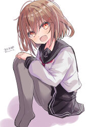 1girl absurdres alternate_legwear anchor_symbol black_pantyhose black_sailor_collar black_skirt blush brown_eyes brown_hair fang hair_ornament hairclip highres hizaka ikazuchi_(kancolle) kantai_collection long_sleeves neckerchief open_mouth pantyhose pleated_skirt red_neckerchief sailor_collar school_uniform serafuku short_hair signature sitting skirt smile white_background