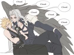 Rule 34 | 2boys, annoyed, black gloves, black wings, blonde hair, closed eyes, cloud strife, crossed arms, english text, ercqelx8rprduft, final fantasy, final fantasy vii, final fantasy vii advent children, gloves, grey hair, leaning, long hair, male focus, multiple boys, sephiroth, short hair, single wing, sitting, smile, speech bubble, spiked hair, wings, yaoi