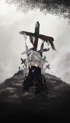 1girl absurdres bare_shoulders black_dress black_wings cloud cross curled_horns demon_girl demon_horns demon_tail dress feathered_wings from_behind grass grave grey_sky highres horns on_grass original outdoors pleated_dress short_hair sky sleeveless sleeveless_dress solo squatting tail tree white_hair wings yuzu_(yuzusuke10)