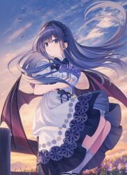 Rule 34 | 1girl, bat wings, black bow, black bowtie, black hairband, black wings, blue eyes, bouquet, bow, bowtie, chinese commentary, commentary request, dress, expressionless, feet out of frame, fence, field, floating hair, flower, flower field, frilled hairband, frills, gradient sky, hair intakes, hairband, highres, holding, holding bouquet, long hair, looking to the side, off-shoulder dress, off shoulder, original, outdoors, parted lips, purple flower, purple hair, short sleeves, sitting, sitting on fence, sky, socks, solo, sunset, turning head, white dress, white socks, wind, wings, wooden fence, yashiro seika