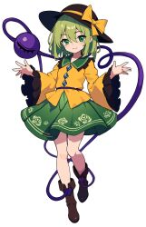 1girl artist_request black_hat boots bow brown_boots buttons closed_mouth commentary commentary_request diamond_button english_commentary eyeball floral_print frilled_shirt_collar frilled_sleeves frills full_body green_eyes green_hair green_skirt hat hat_bow highres komeiji_koishi long_sleeves looking_at_viewer mixed-language_commentary print_skirt psd_available rose_print second-party_source shirt simple_background skirt smile solo tachi-e third_eye touhou transparent_background wide_sleeves yellow_bow yellow_shirt