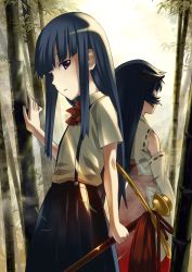 2girls artist_check back-to-back blue_hair bow cover ekusa_takahito furude_rika hakama hakama_skirt hanyuu highres higurashi_no_naku_koro_ni hime_cut horns japanese_clothes long_hair looking_at_viewer miko multiple_girls official_art parted_lips purple_eyes red_hakama school_uniform skirt tree video_game_cover
