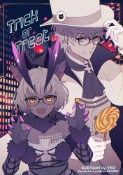 1boy 1girl alternate_color animal_ears black_dress claw_pose coat colored_skin cosplay dress dual_persona elbow_gloves fate/grand_order fate/grand_order_arcade fate_(series) fur-trimmed_gloves fur-trimmed_legwear fur_bikini fur_collar fur_trim gender_request genderswap glasses gloves grey_hair grey_skin halloween_costume hood hooded_jacket jacket jacques_de_molay_(foreigner)_(fate) jacques_de_molay_(foreigner)_(third_ascension)_(fate) jacques_de_molay_(saber)_(fate) knights_templar lace lace-trimmed_legwear lace_trim mash_kyrielight mash_kyrielight_(dangerous_beast) mash_kyrielight_(dangerous_beast)_(cosplay) meiji_ken o-ring o-ring_top official_alternate_costume padded_coat revealing_clothes tail templar wolf_ears wolf_girl wolf_tail