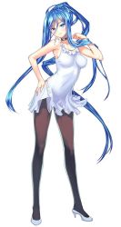 10s 1girl aoki_hagane_no_arpeggio black_pantyhose blue_eyes blue_hair breasts choker coffee_cat covered_navel dress female_focus full_body hair_between_eyes hand_on_own_hip high_heels jpeg_artifacts leaning_forward legs long_hair long_legs matching_hair/eyes medium_breasts mole mole_under_mouth pantyhose perky_breasts personification ponytail sidelocks simple_background solo takao_(aoki_hagane_no_arpeggio) very_long_hair white_background white_dress