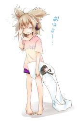 1girl barefoot brown_hair closed_eyes clothes_writing dakimakura_(object) earmuffs female_focus hat jpeg_artifacts makuwauri pigeon-toed pillow rubbing_eyes shirt shirt_slip shorts sleepy soga_no_tojiko solo soo tate_eboshi touhou toyosatomimi_no_miko wavy_mouth