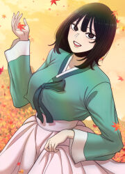 1girl :d absurdres autumn beautiful_gunbari black_hair blurry blurry_background brown_eyes day gwanak hanbok hand_up highres im-dana korean_clothes leaf long_sleeves looking_at_viewer mole mole_under_eye open_mouth outdoors skirt-hold smile solo standing wide_sleeves
