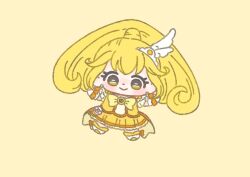 Rule 34 | 1girl, bag bow, blonde hair, boots, bow, bowtie, brooch, chibi, closed mouth, coattails, cure peace, curly hair, dot nose, earrings, eyelashes, footwear bow, frilled skirt, frilled sleeves, frills, hair ornament, happy, high ponytail, ichigo usuhana, jewelry, kise yayoi, knee boots, light blush, long hair, looking at viewer, magical girl, mini tiara, miniskirt, orange bow, orange wrist cuffs, outstretched arms, pink bow, pleated skirt, ponytail, precure, shirt, short sleeves, simple background, single stripe, skirt, skirt set, smile, smile precure!, solo, striped bow, tareme, tiara, waist bag, white arm warmers, white bag, white boots, white sleeves, wing earrings, wing hair ornament, wrist cuffs, yellow background, yellow bow, yellow bowtie, yellow eyes, yellow shirt, yellow skirt, yellow theme