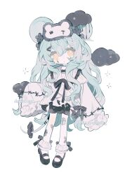 1girl bow cloud dark_clouds dress frilled_sleeves frills full_body green_hair hair_ornament highres long_sleeves memuro mouse_girl mouse_tail original puffy_sleeves ribbon shoes sleeves_past_fingers sleeves_past_wrists socks standing tail watermark white_background yellow_eyes