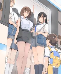 1boy 3girls 6+girls age_difference backpack bag black_hair black_skirt black_socks blue_necktie blush breasts brown_hair bus collared_shirt hair_between_eyes height_difference highres large_breasts long_hair looking_down looking_up motor_vehicle multiple_girls necktie office_lady original pencil_skirt pleated_skirt school_bag school_uniform shirt short_hair short_sleeves sidelocks skirt socks train white_shirt white_socks zekkyon