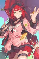 1girl ahoge black_choker black_sailor_collar black_skirt bow candy cardigan chest_bow choker commentary food green_eyes grin hair_ornament highres holding holding_umbrella lollipop long_hair long_sleeves looking_at_viewer nooo pink_cardigan pleated_skirt red_hair red_umbrella sailor_collar simple_background single_thighhigh skirt smile solo thigh_strap thighhighs twintails ukinami_yuzuha umbrella very_long_hair white_bow white_thighhighs zenless_zone_zero