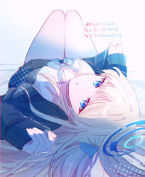 1girl black_cardigan blonde_hair blue_archive blue_bow blue_bowtie blue_eyes blue_halo blue_skirt blunt_bangs bow bowtie cardigan collared_shirt commentary_request hair_bow hair_spread_out half_updo halo highres knees_up kuritiizu light_frown long_hair looking_at_viewer lying miniskirt official_alternate_costume official_alternate_hairstyle on_back open_cardigan open_clothes open_mouth pleated_skirt school_uniform shirt simple_background skirt skirt_hold sleeves_past_wrists solo thighs toki_(blue_archive) toki_(school_uniform)_(blue_archive) twitter_username white_background white_shirt