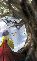 1girl bird blue_sky cloud day falling_leaves flower from_behind hair_flower hair_ornament hakama hakama_skirt hieda_no_akyuu highres japanese_clothes kimono leaf long_skirt long_sleeves obi outdoors purple_hair red_hakama sash short_hair skirt sky solo standing teruteru12 touhou tree white_bird wide_sleeves yellow_kimono